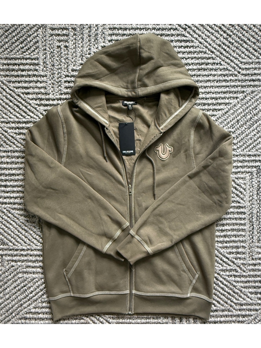NWT True Religion Mens Green Core Zip Up Long Sleeve Pockets Fleece Hoodie XL